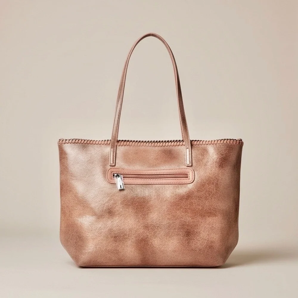 Chico's Marbled Faux Leather Large Tote Bag Blush Tan Brown Metal Chain Trim NEW